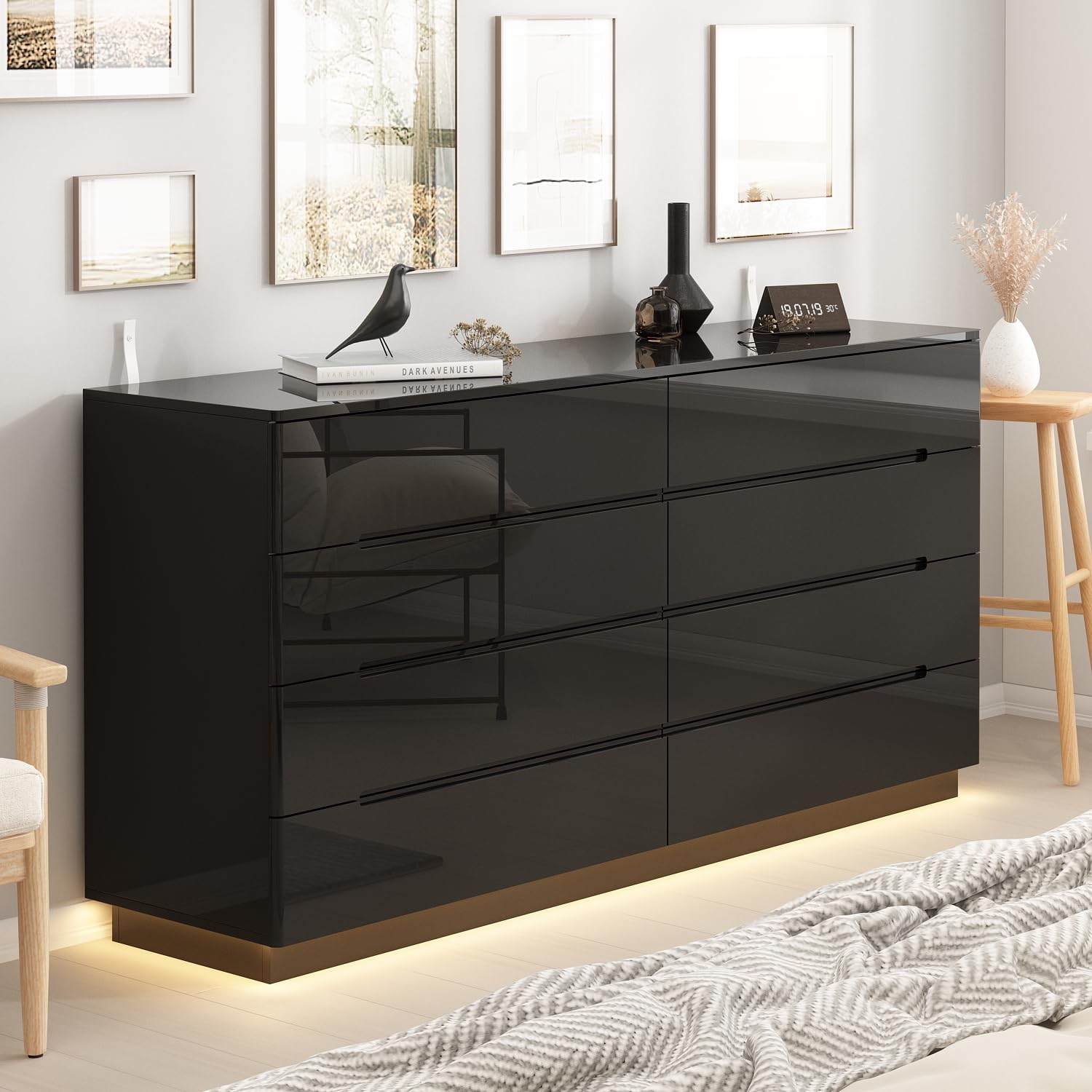 Homsee Large 8 Drawer Double Dresser with Light, Modern Dresser Chest of Drawers with High Glossy Surface for Bedroom, Black (63”W x 15.7”D x 30.9”H)