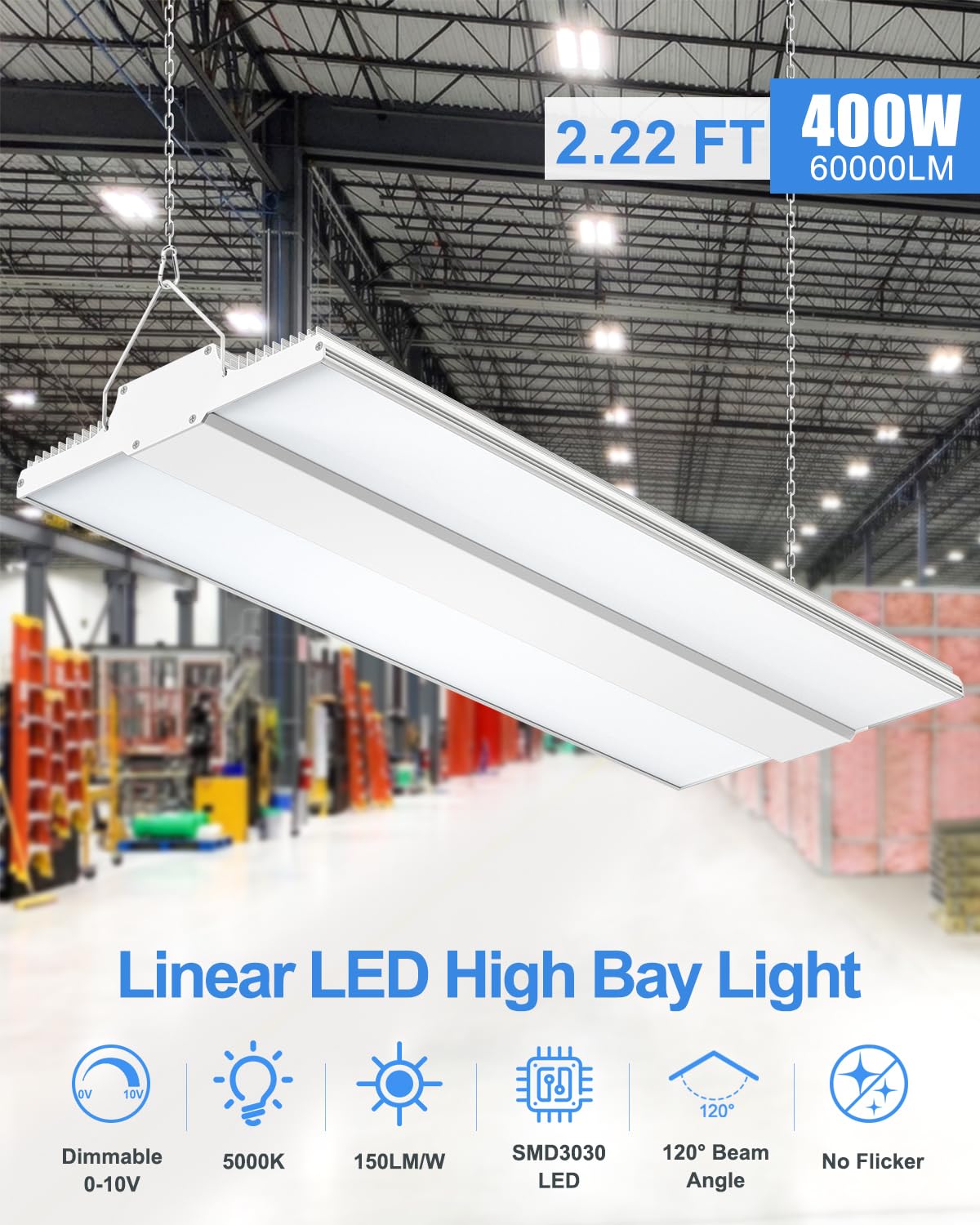 ADUB LED High Bay Light 240W 192W 144W, 1.63FT LED Warehouse Light 3000K 4000K 5000K, 36000LM, 400W LED High Bay Shop Light, 2.2 FT UL Listed LED High Bay Light 0-10V Dimmable