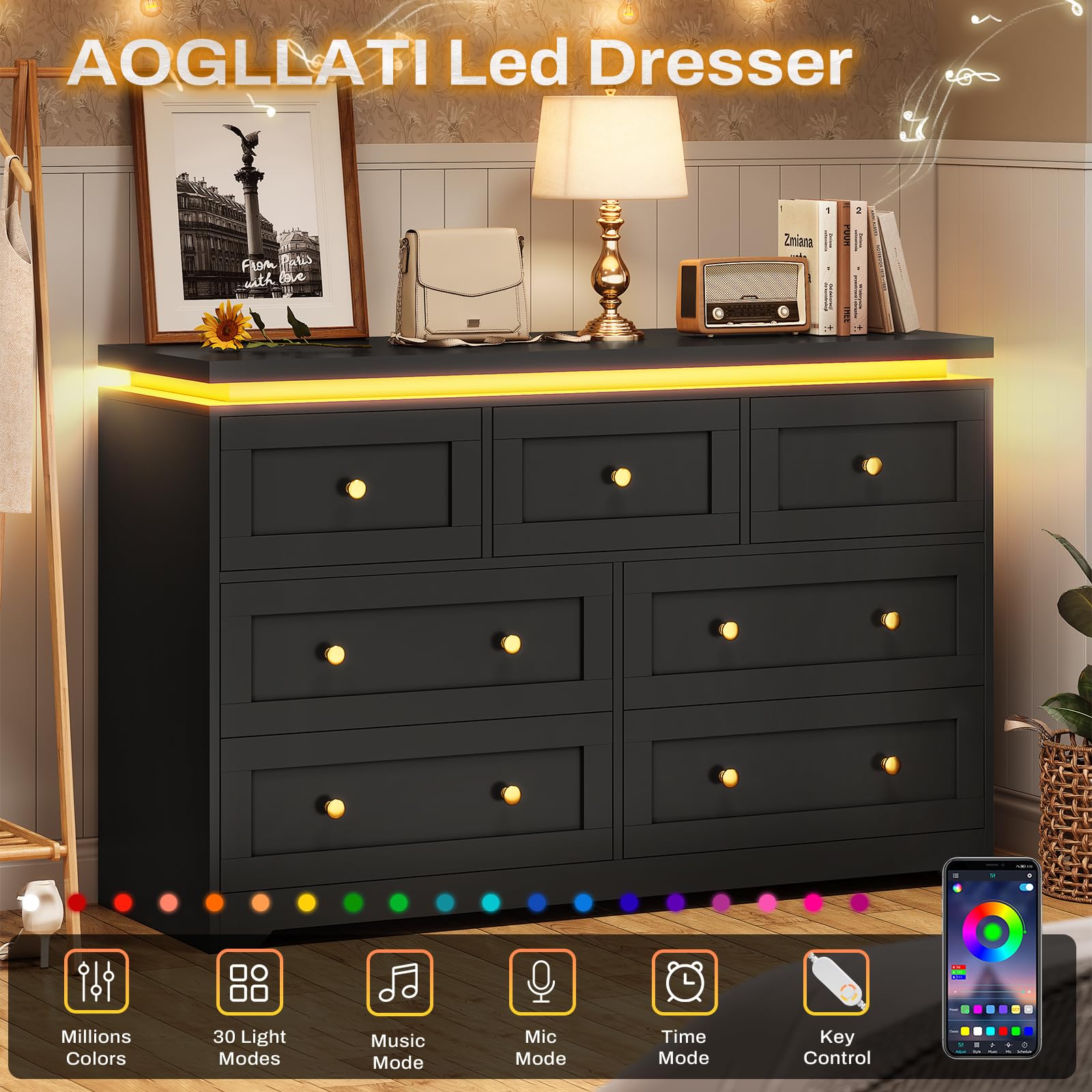 AOGLLATI Dresser for Bedroom, Black Dresser with 7 Drawers, Dressers & Chest of Drawers, Modern Led Wide Long Bedroom Dresser with Top Floating Design for Bedroom Hallway,Black