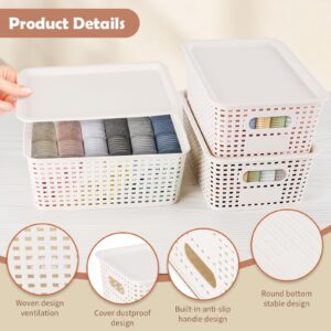 Plastic Storage Baskets With Lid Stackable Home Storage Bins for Organizing Shelves Drawers Desktop Closet, White, 6 packs