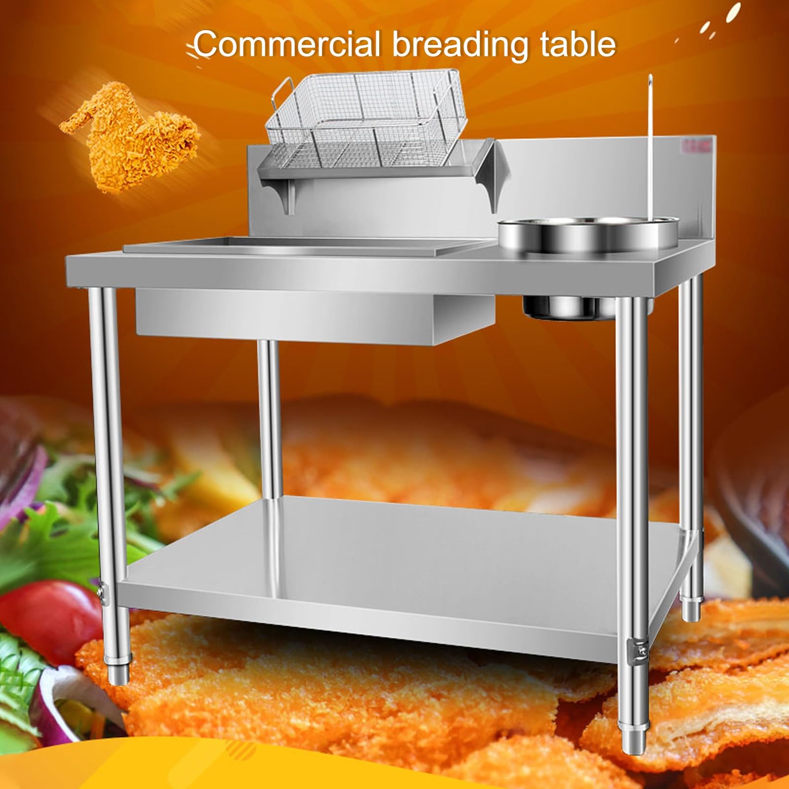 Breading Table Fried Food Prep Station, Stainless Steel Breading Table, commercial fried food prep table, Adjustable Feet, for Commercial Kitchens and Restaurant Businesses