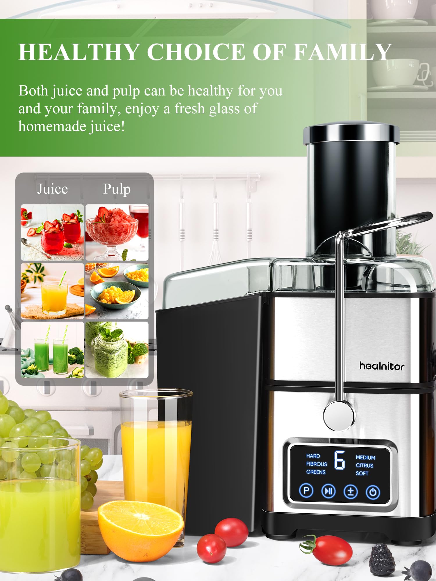 1200W 6-Speed Touch LCD Screen Centrifugal Juicer with 3.5" Big Wide Chute, Healnitor Juice Extractor Machines Vegetable and Fruit, Titanium Enhanced Filter, Easy Clean, BPA-Free, Silver