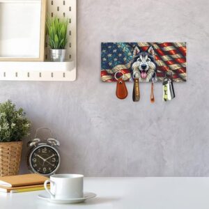 Ninety3POD Patriotic Siberian Husky Stained Glass Portrait American Flag Wood Key Holder Husky Dog Lover Gifts Wall-Mounted Key Rack Home Decor - 010