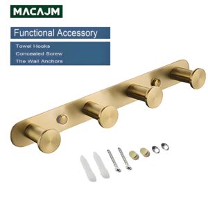 MACAJM,Towel Hook Rack Brushed Gold,10.2'' Row of Coat Hook with 4 Hooks,304 Stainless Steel Heavy Duty Wall Hook Rack for Living Room,Kitchen,Ect