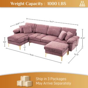 Wrofly U-Shaped Sectional Sofa Couch, 114" Comfy Convertible 4 Seat Sofa with Chaise Lounge & Ottoman, Modern Oversized Deep Seat Sleeper Sofa Set for Living Room Apartment, Purple Velvet