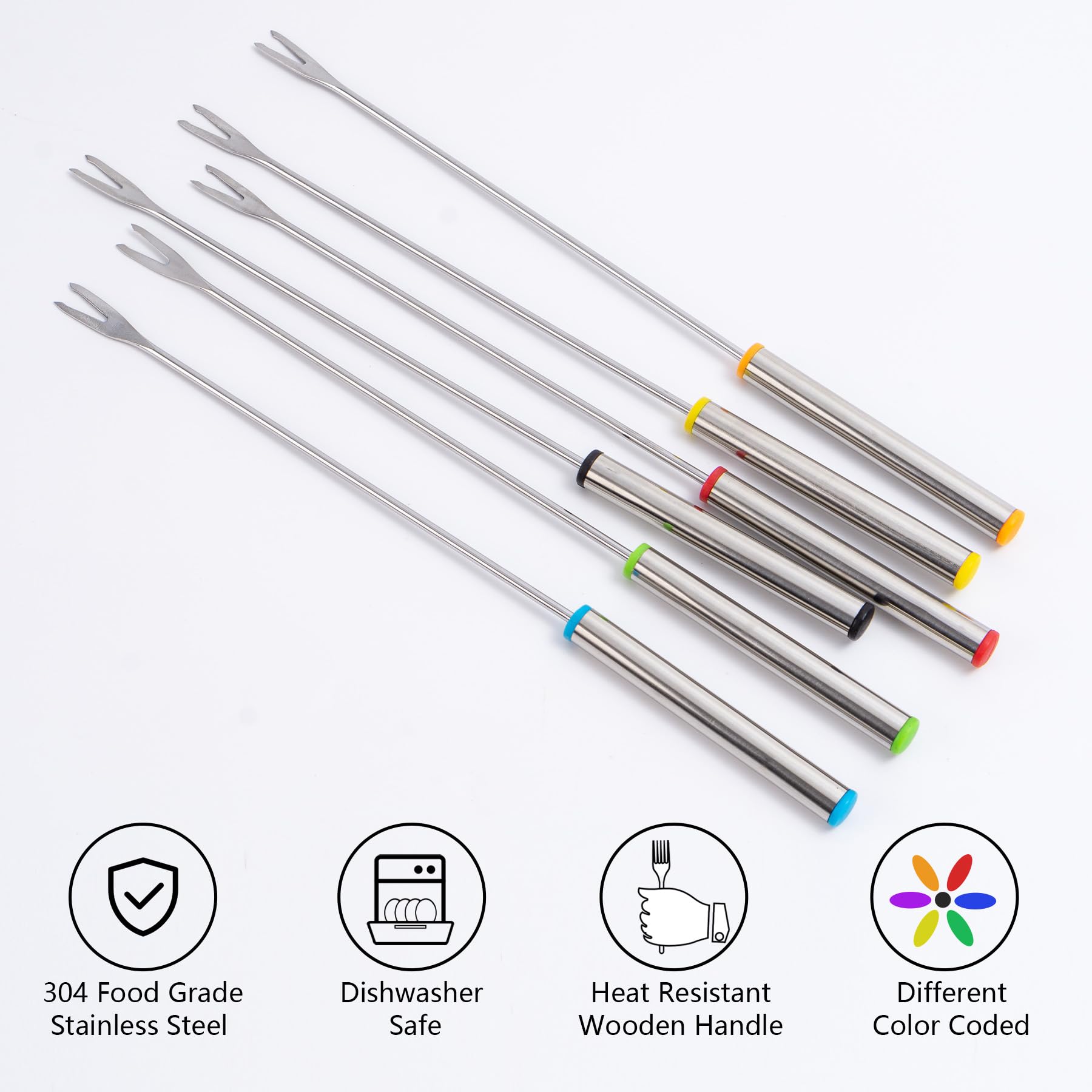 12PCS 9.5 Inch Color-Coded Stainless Steel Fondue Forks, Cheese Fondue Fork Stainless Steel Fruit Fondue Cheese with Heat-blocking Handle for Chocolate Fountain Cheese