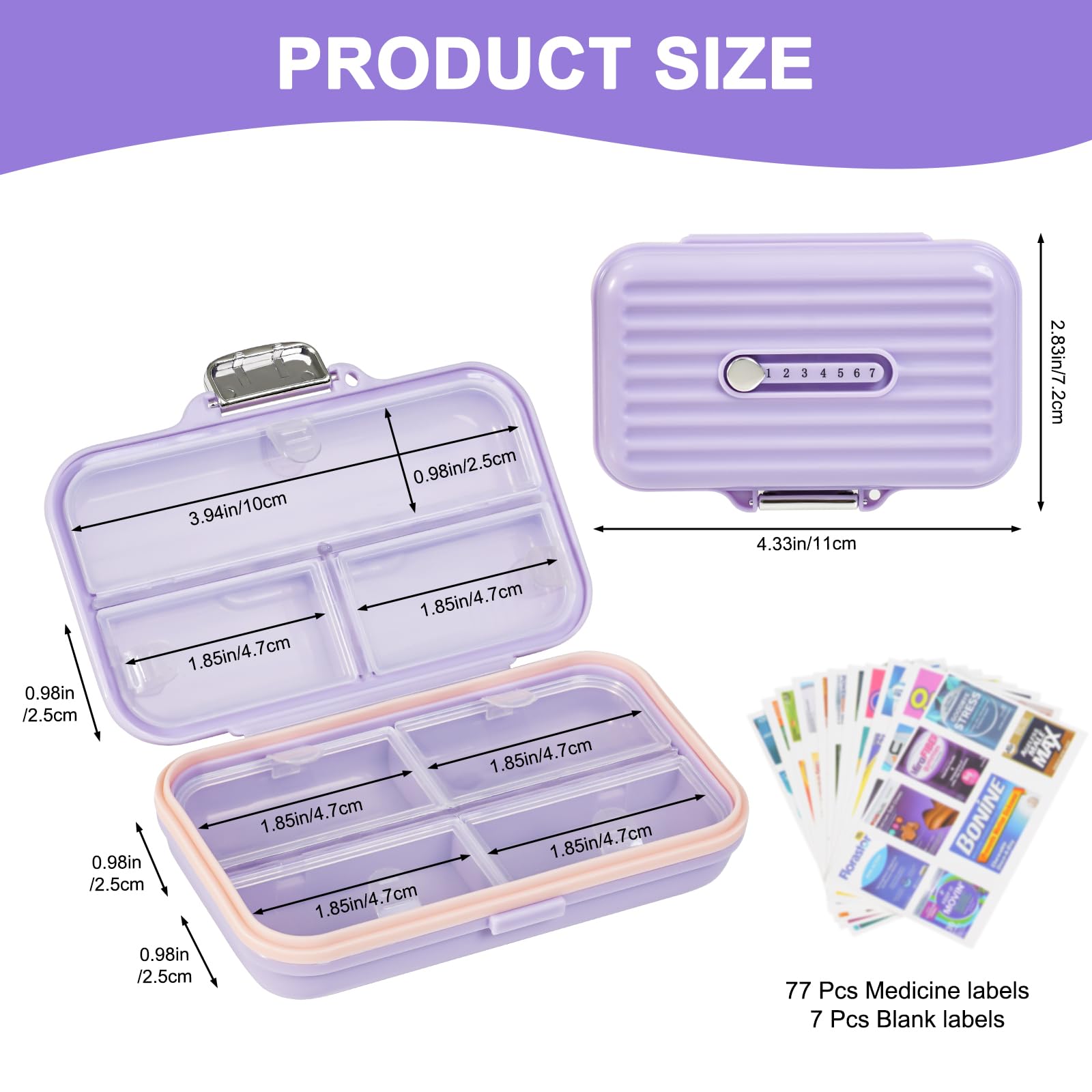 Goffing Travel Pill Organizer Box with Medicine Labels, 7 Compartments Portable Pill Case, Daily Medication Organizer Storage Pill Container for Pocket Pharmacy(Purple, L)