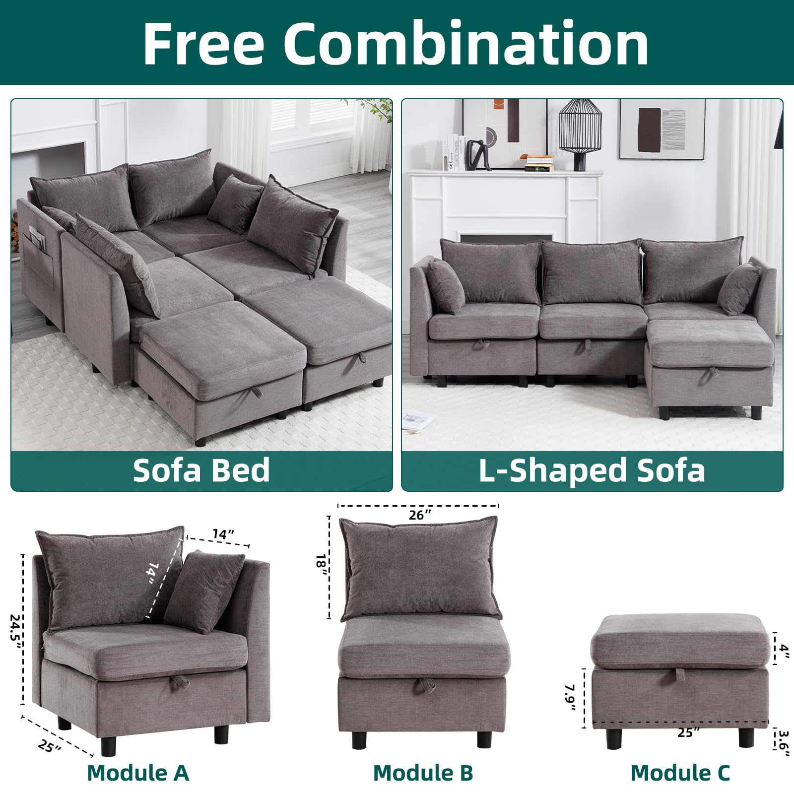 UNISHION Modular Sectional Sofa Convertible L U Shaped Sofa Couch with Storage, Comfy Cloud Sleeper Sectional Sofa Bed Set, Modern DIY Combination Couches for Living Room, Apartment(Grey)