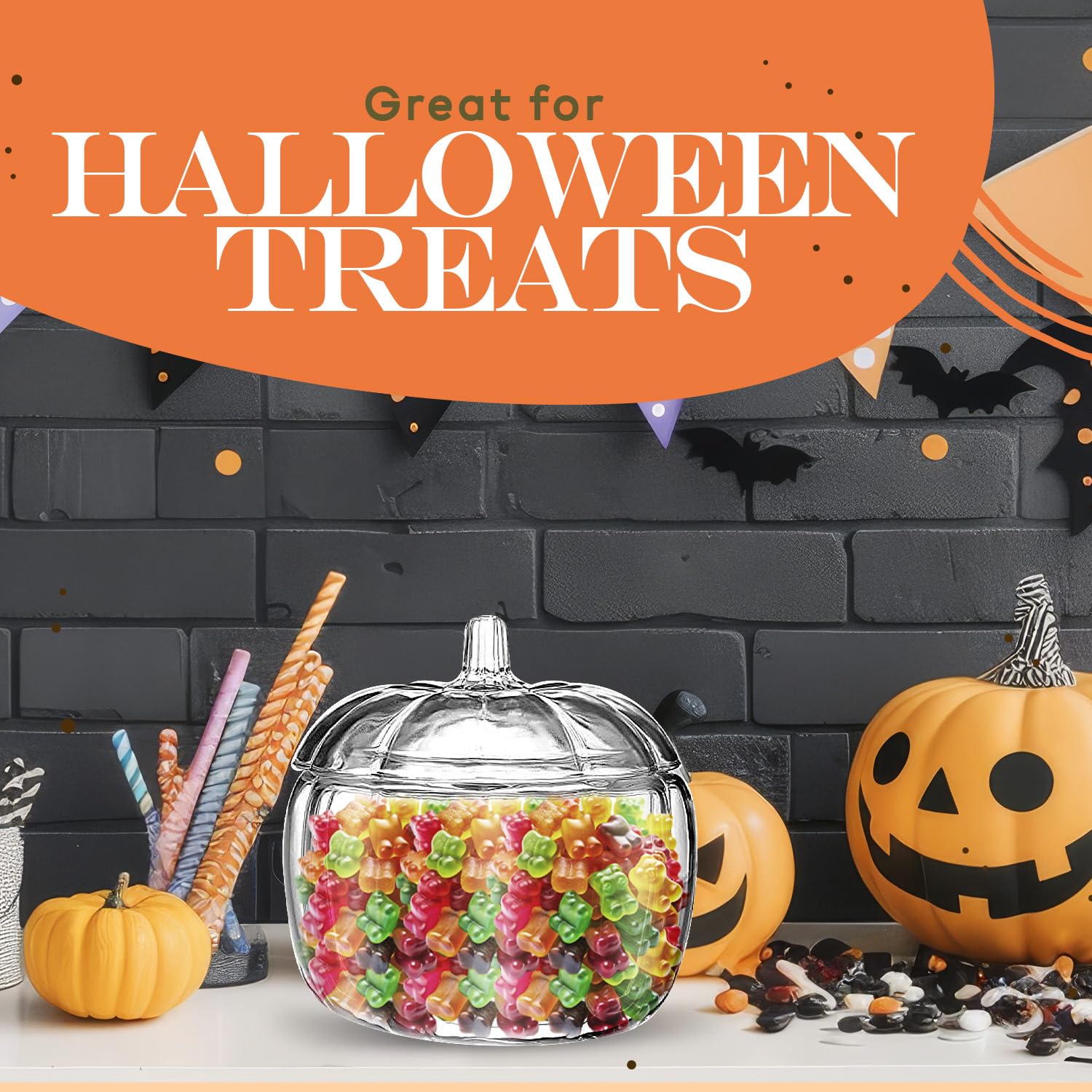 HOMESPHERE 70 oz. Glass Pumpkin Candy Jar with Lid – Large Storage Container for Halloween Treats, Candies and Cookies and Fall Décor Display