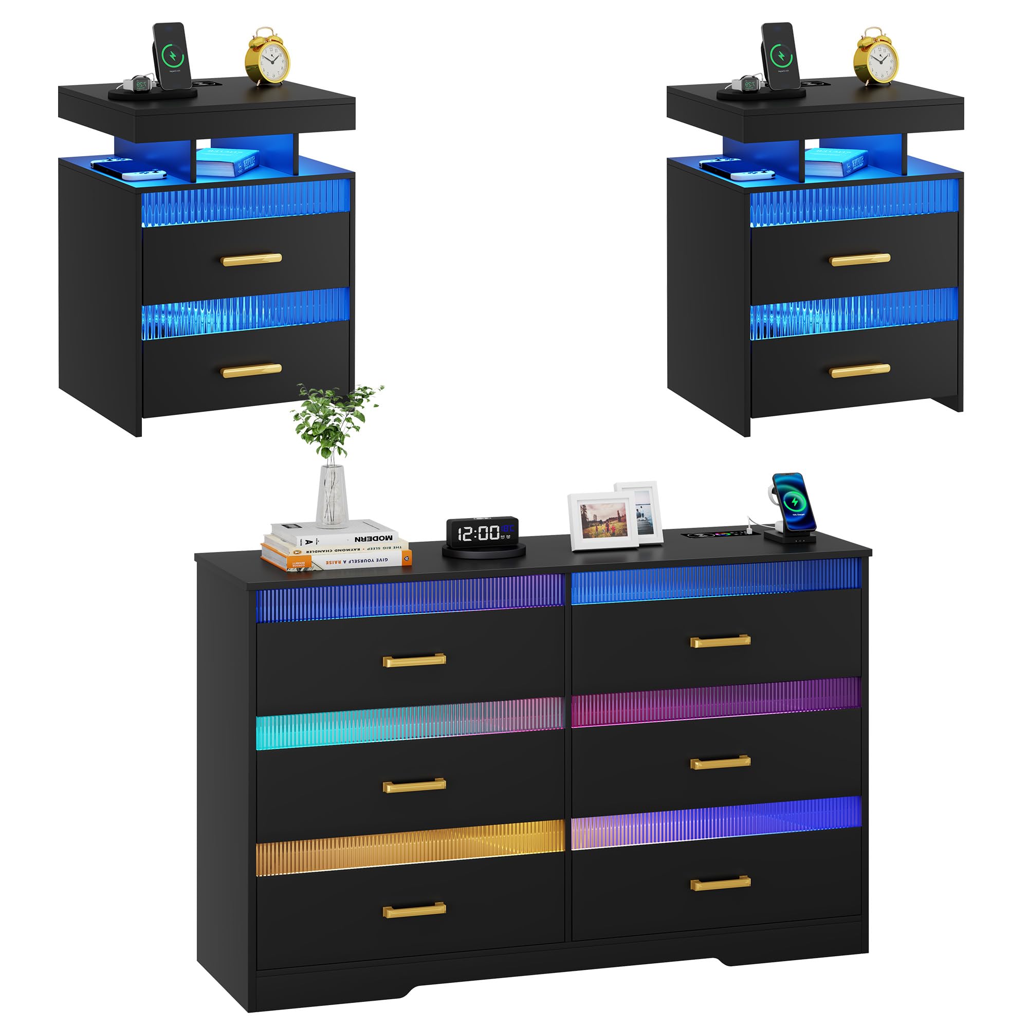 FREDESS Dresser and Night Stand Sets for Bedroom, Modern Bedside Table and Dressers with LED Light & Charging Station, Nightstands Set of 2 & 6 Drawer Dresser Combo 3 Pieces (Black)