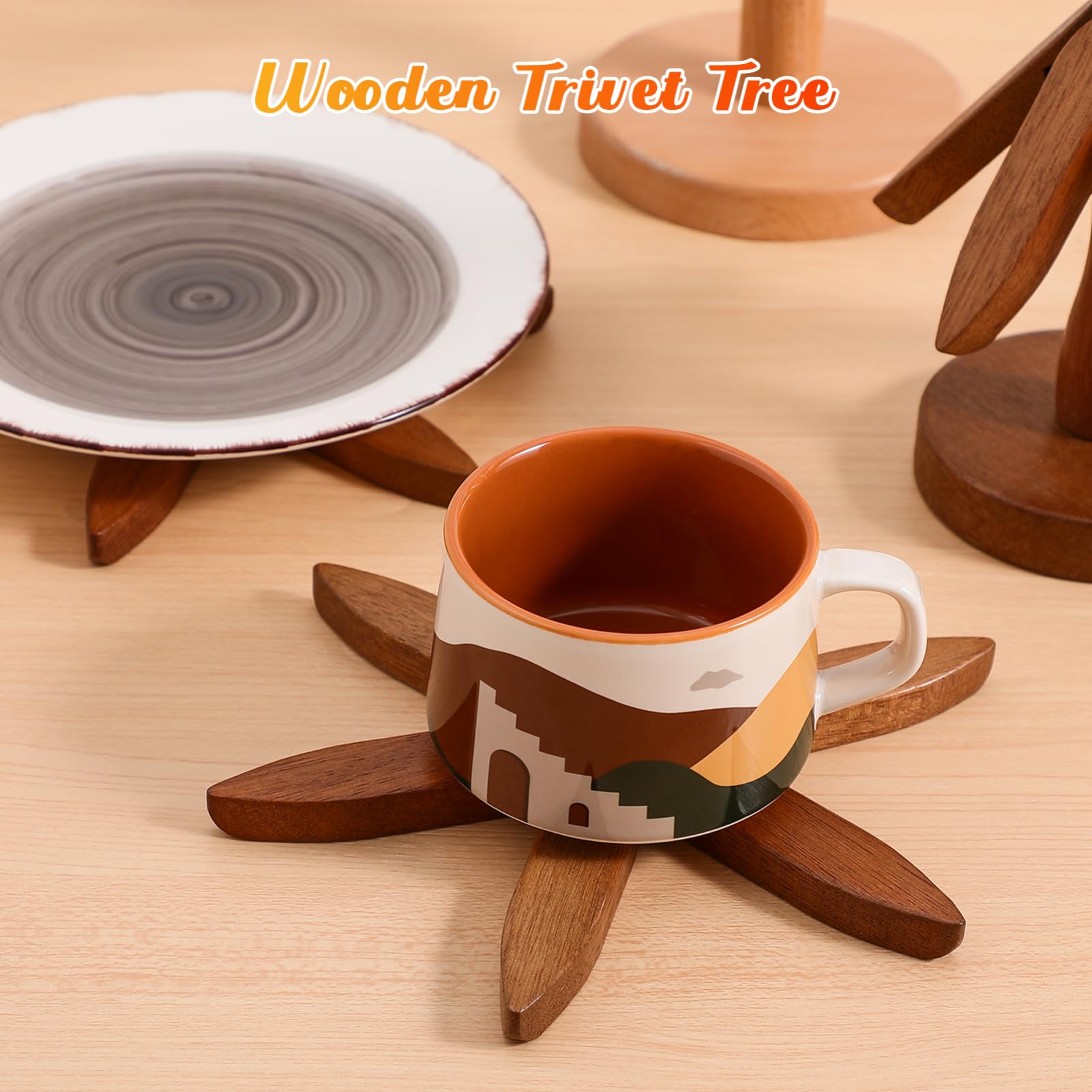 PartyKindom Wooden Trivets for Hot Dishes: Walnut Tree Coasters Foldable Wood Tree Trivets for Hot Pots Bowl Teapot Pans Christmas Table Decor (3 Layers + 1 Stand)