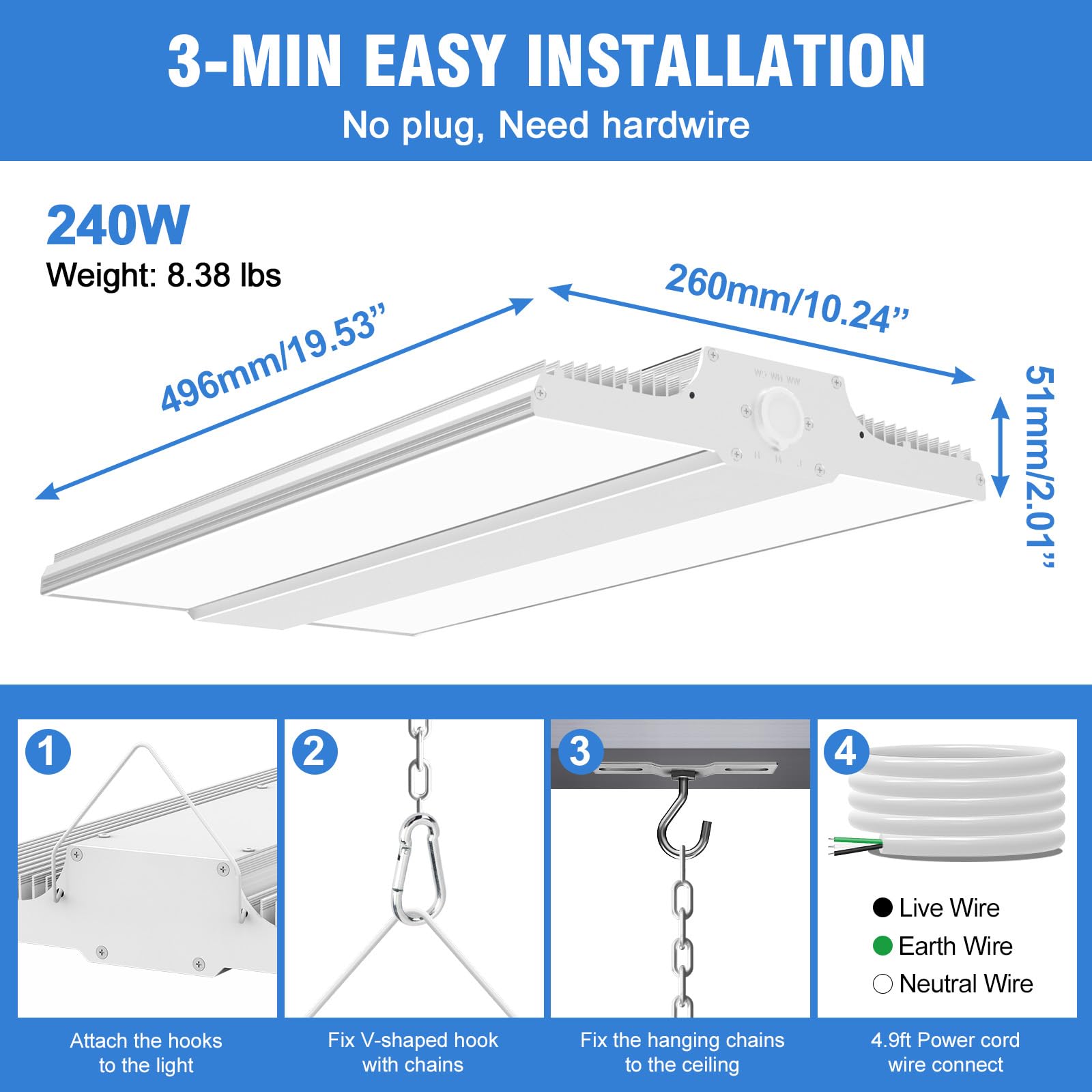 ADUB LED High Bay Light 240W 192W 144W, 1.63FT LED Warehouse Light 3000K 4000K 5000K, 36000LM, 400W LED High Bay Shop Light, 2.2 FT UL Listed LED High Bay Light 0-10V Dimmable