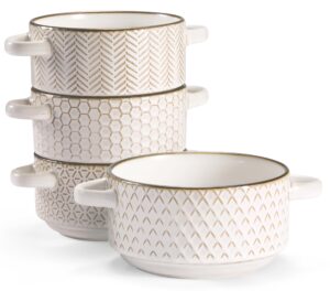 kook ceramic soup bowls with handles, embossed, for cereal, dessert, pastas, microwave & dishwasher safe, ivory with dark copper accents, set of 4, 26.5 oz, narbonne collection