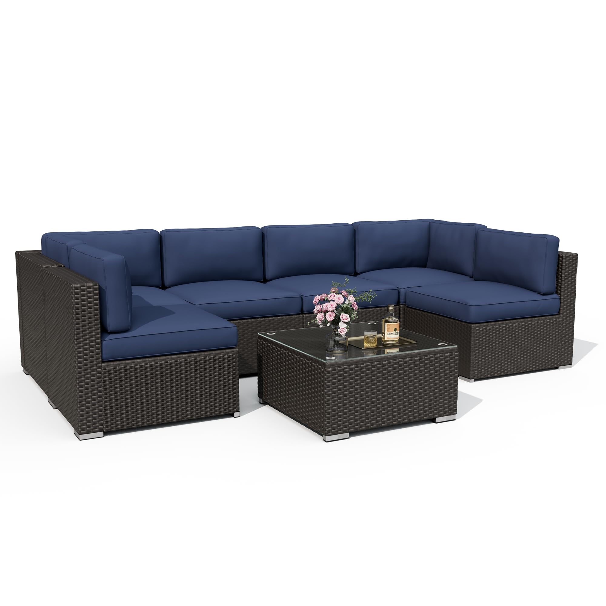 Incbruce 7-Piece Patio Furniture Set, PE Black Brown Wicker Rattan Outdoor Sectional Couch, Patio Conversation Set with Glass Table (Dark Blue)