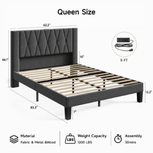 ONBRILL Queen Bed Frame with Headboard, Heavy-Duty Linen Upholstered Platform Bed Frame w/Charging and Storage, Button Tufted, Wooden Slats Support, No Box Spring Needed, Easy Assembly, Dark Grey