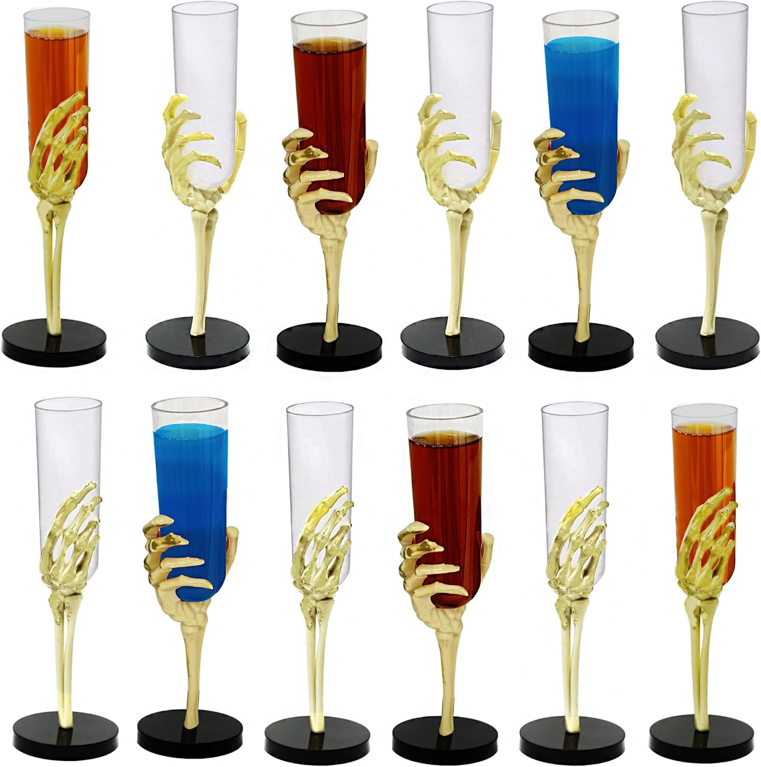 4E's Novelty Skeleton Hand Flutes 12 Pack - Premium Clear Plastic Halloween Champagne Cocktail Goblets (2.7oz) BPA-Free Drinking Glasses for Spooky Parties, Halloween Skeleton Wine Glasses