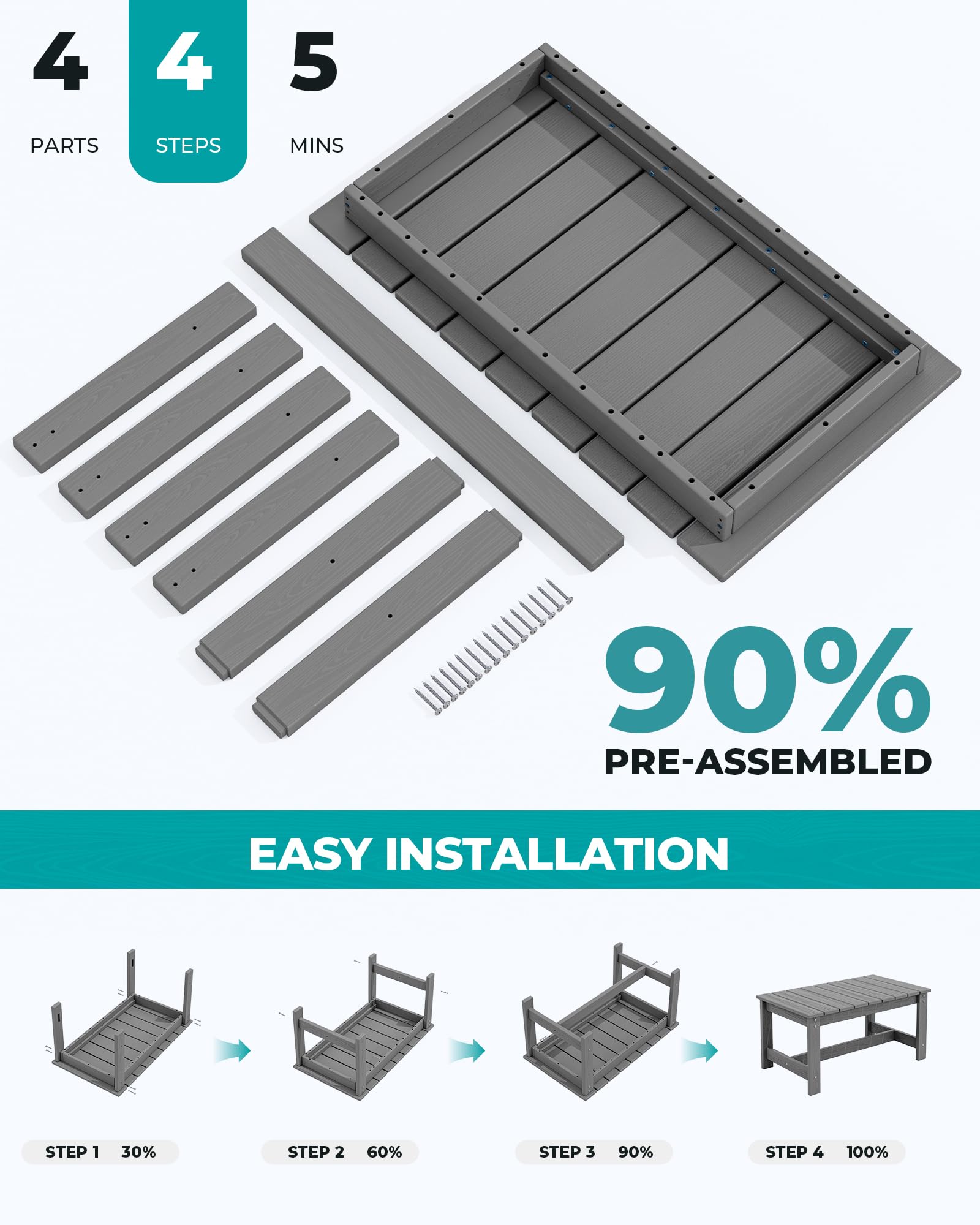 SERWALL HDPE Patio Coffee Table, Rectangle Outdoor Coffee Table, All Weather Patio Table for Deck, Pool, Balcony, Indoor or Outdoor Use, Grey