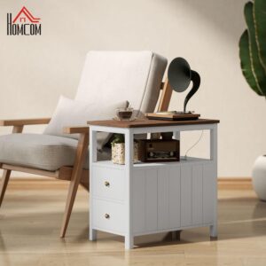 HOMCOM Modern End Table with Charging Station and USB Ports, Narrow Side Table with Drawers & Shelf for Living Room, White