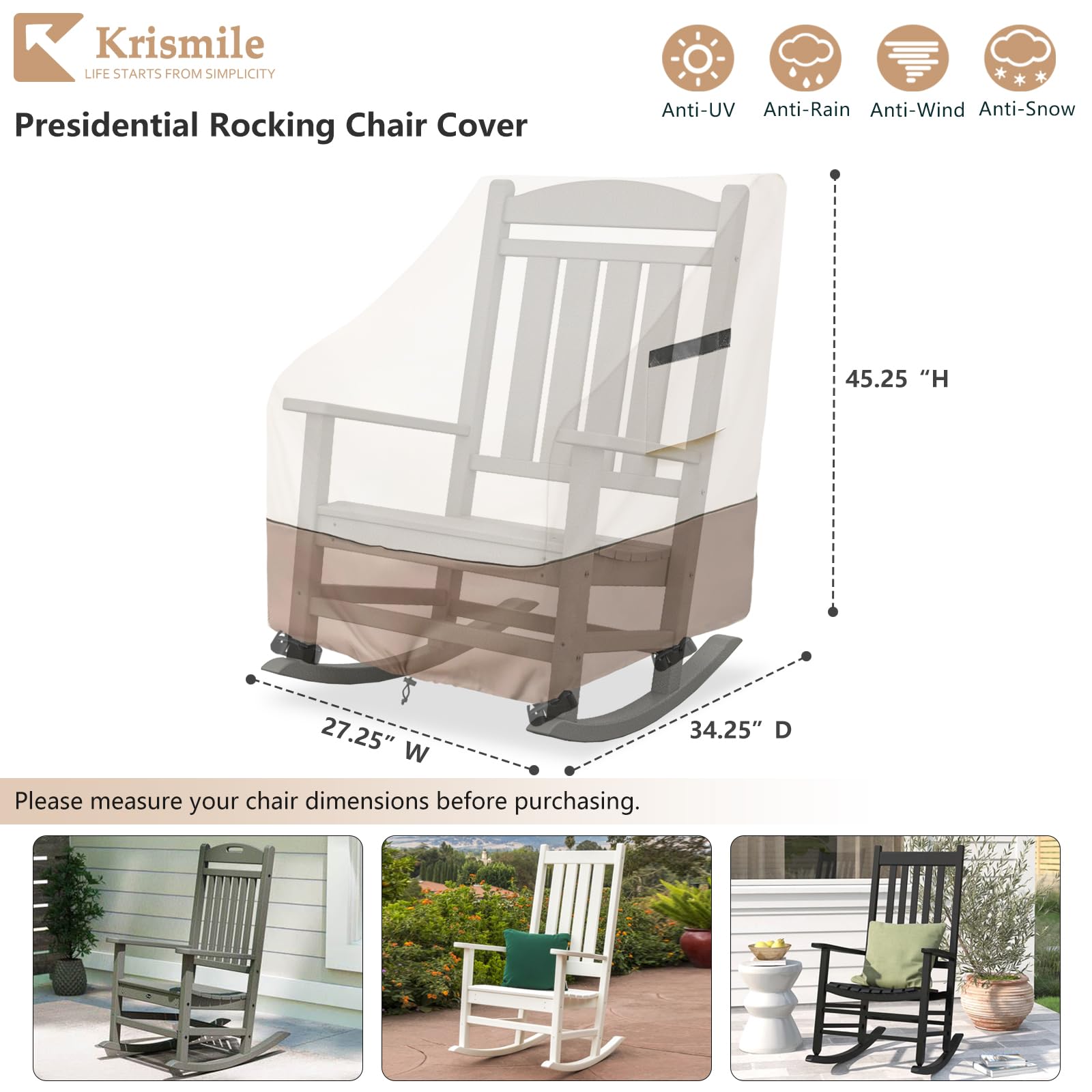 Krismile Outdoor Rocking Chair Cover 2 Pack,Heavy Duty Waterproof Patio Rocking Chairs Cover for 27" W x 34" D x 45" H Presidential Rocking Chair(Beige,Cover Only)