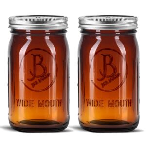 amber wide mouth mason jars 32 oz - (2 pack) - amber glass quart mason jars with airtight lids and bands. for storage, canning, fermenting, meal prep, cold brew coffee, microwave & dishwasher safe