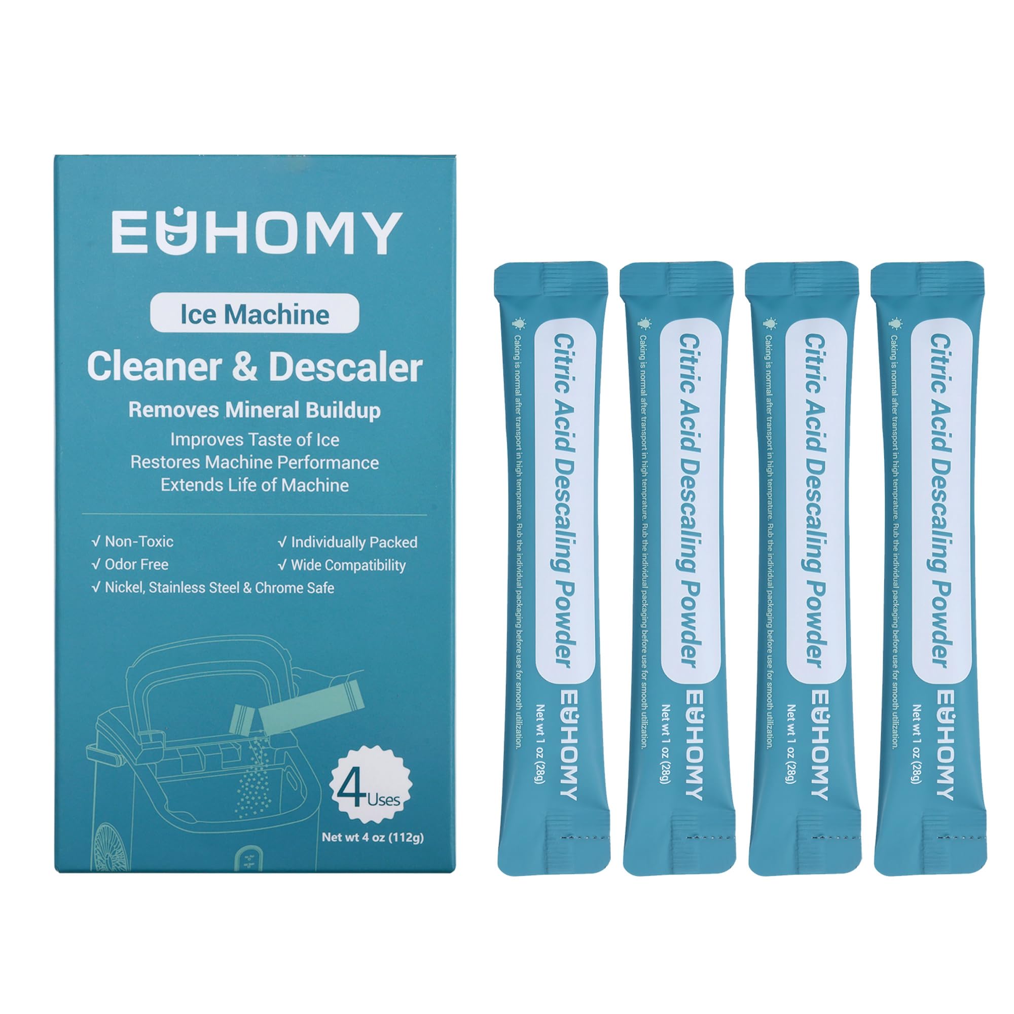 EUHOMY Ice Maker Cleaner & Descaler | 4 Use & Individually Packed | Ice Machine Cleaner with Organic Citric Acid Descaling Powder, Ideal for All Brands