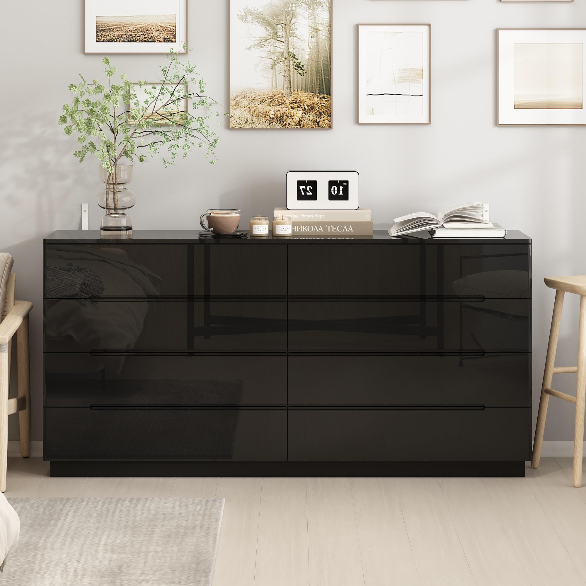 Homsee Large 8 Drawer Double Dresser with Light, Modern Dresser Chest of Drawers with High Glossy Surface for Bedroom, Black (63”W x 15.7”D x 30.9”H)