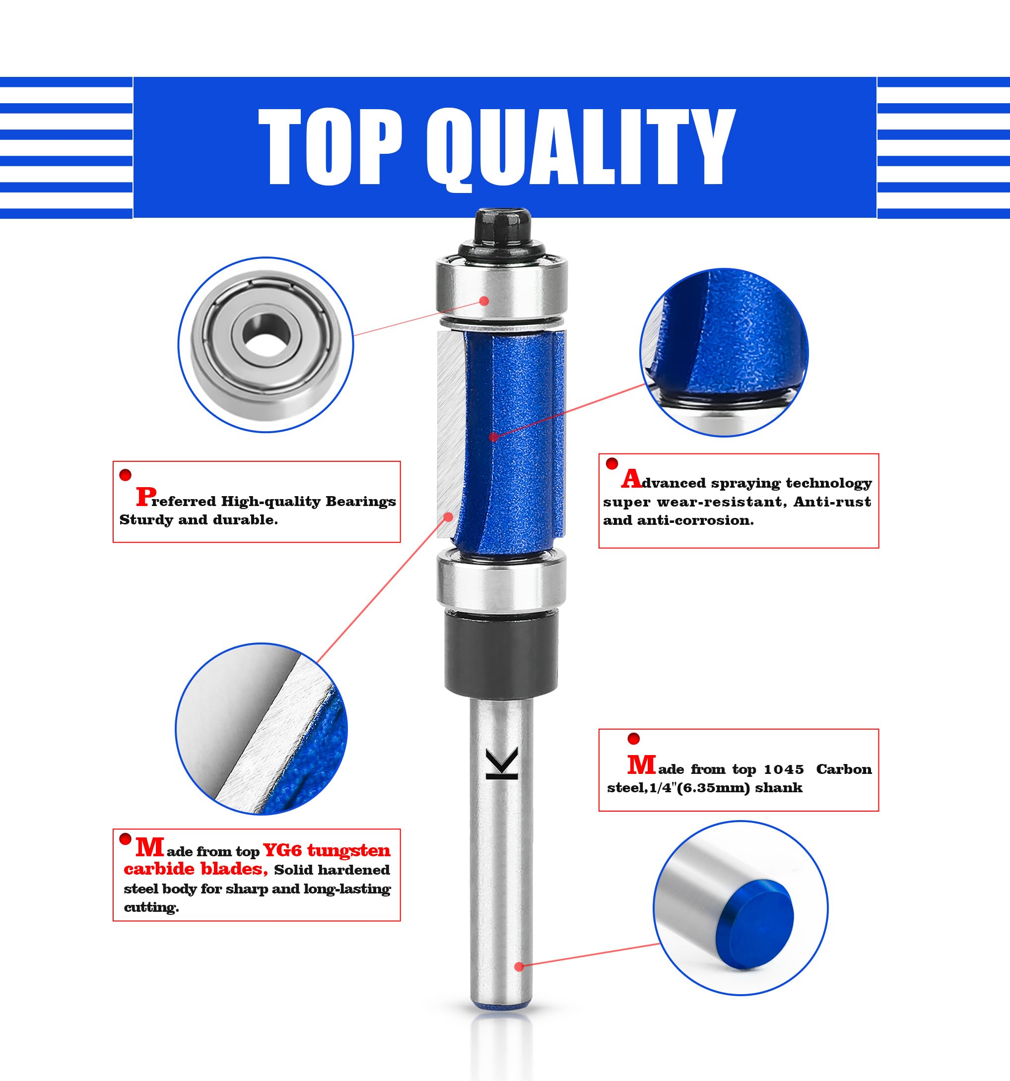 NICAVKIT 4Pcs Top and Bottom Bearing Flush Trim Router Bits Set 1/4 Inch Shank, Carbide Pattern Flush Trim Cut Router bit, 1/2 Inch Cutting Diameter, 3/4", 1", 1-1/4", 1-1/2" Inch Cutting Length