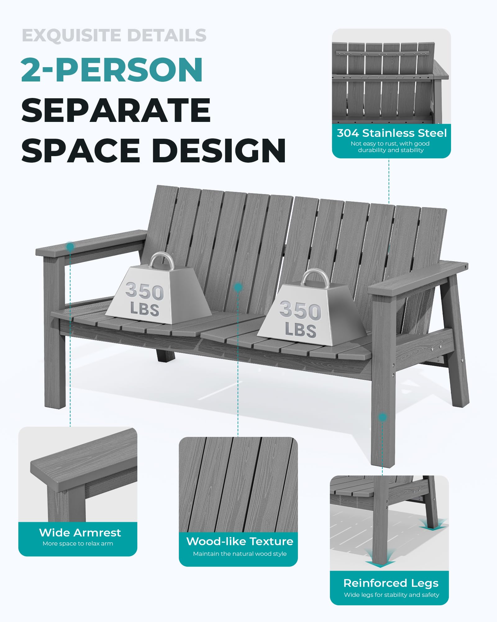 SERWALL Outdoor Bench for 2 Person, Grey 1 Pack