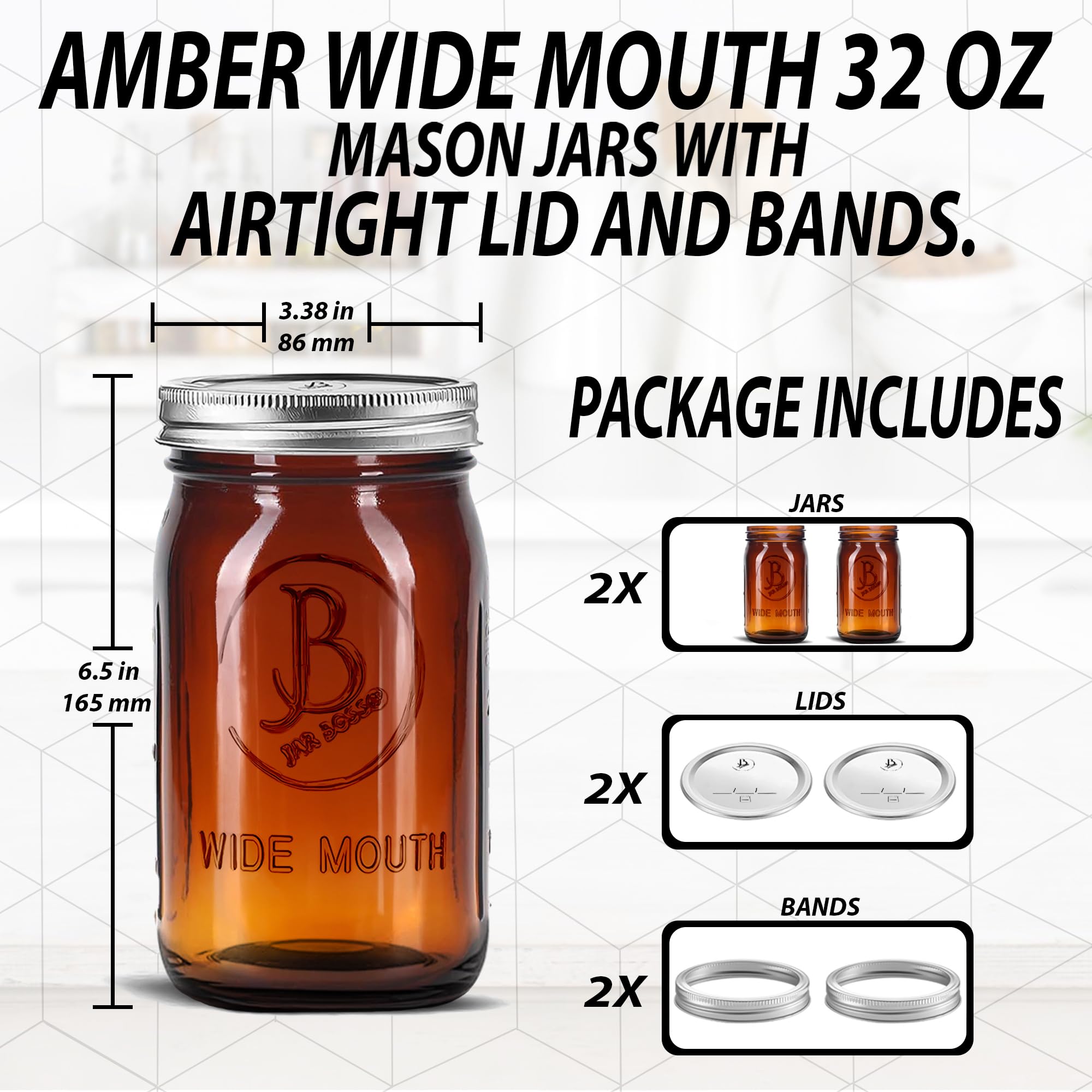 Amber Wide Mouth Mason Jars 32 oz - (2 Pack) - Amber Glass Quart Mason Jars With Airtight Lids and Bands. For Storage, Canning, Fermenting, Meal Prep, Cold Brew Coffee, Microwave & Dishwasher Safe