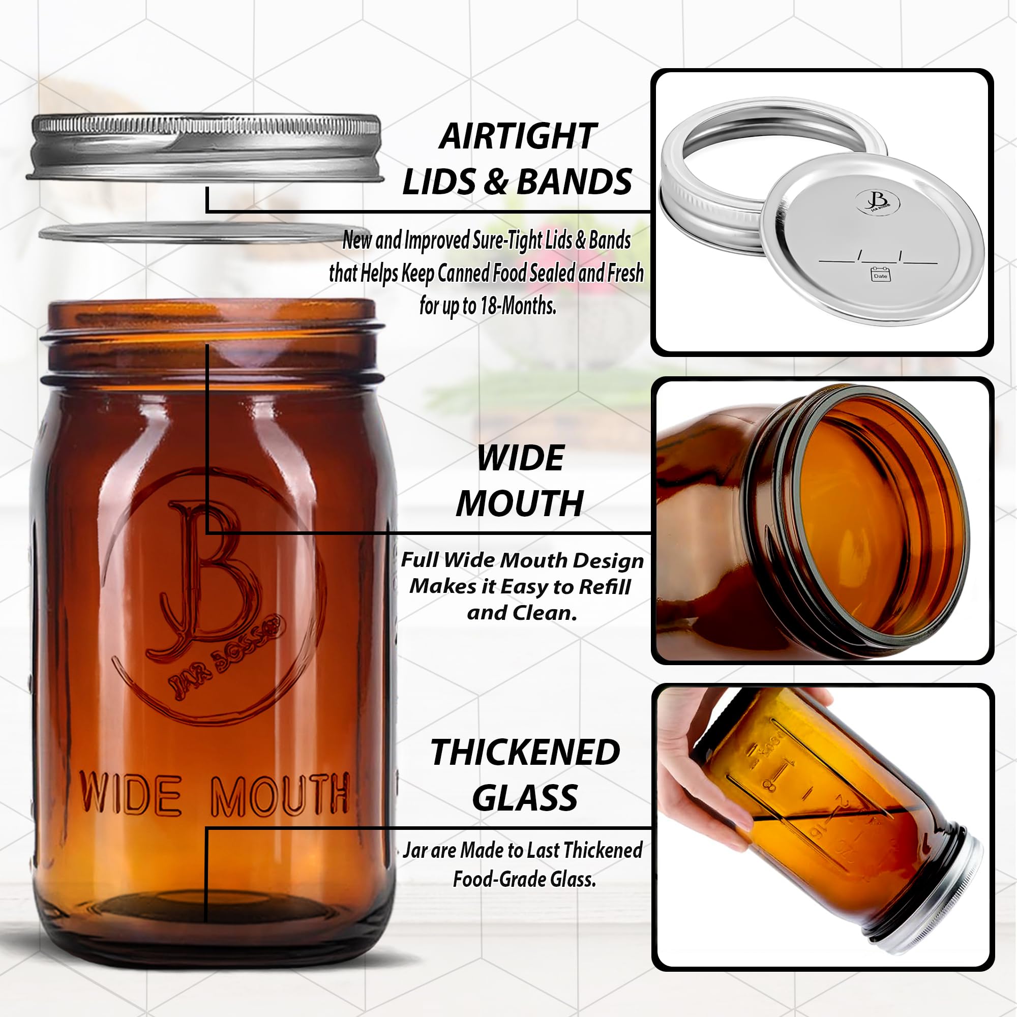 Amber Wide Mouth Mason Jars 32 oz - (2 Pack) - Amber Glass Quart Mason Jars With Airtight Lids and Bands. For Storage, Canning, Fermenting, Meal Prep, Cold Brew Coffee, Microwave & Dishwasher Safe