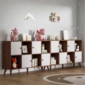 DIYART Brown and White 8 Cube Bookcase Organizer, 2-Tier Bookshelf with Doors, Wooden Cubby Display Bookcase, Storage Cabinet for Living Room, Bedroom, Home Office