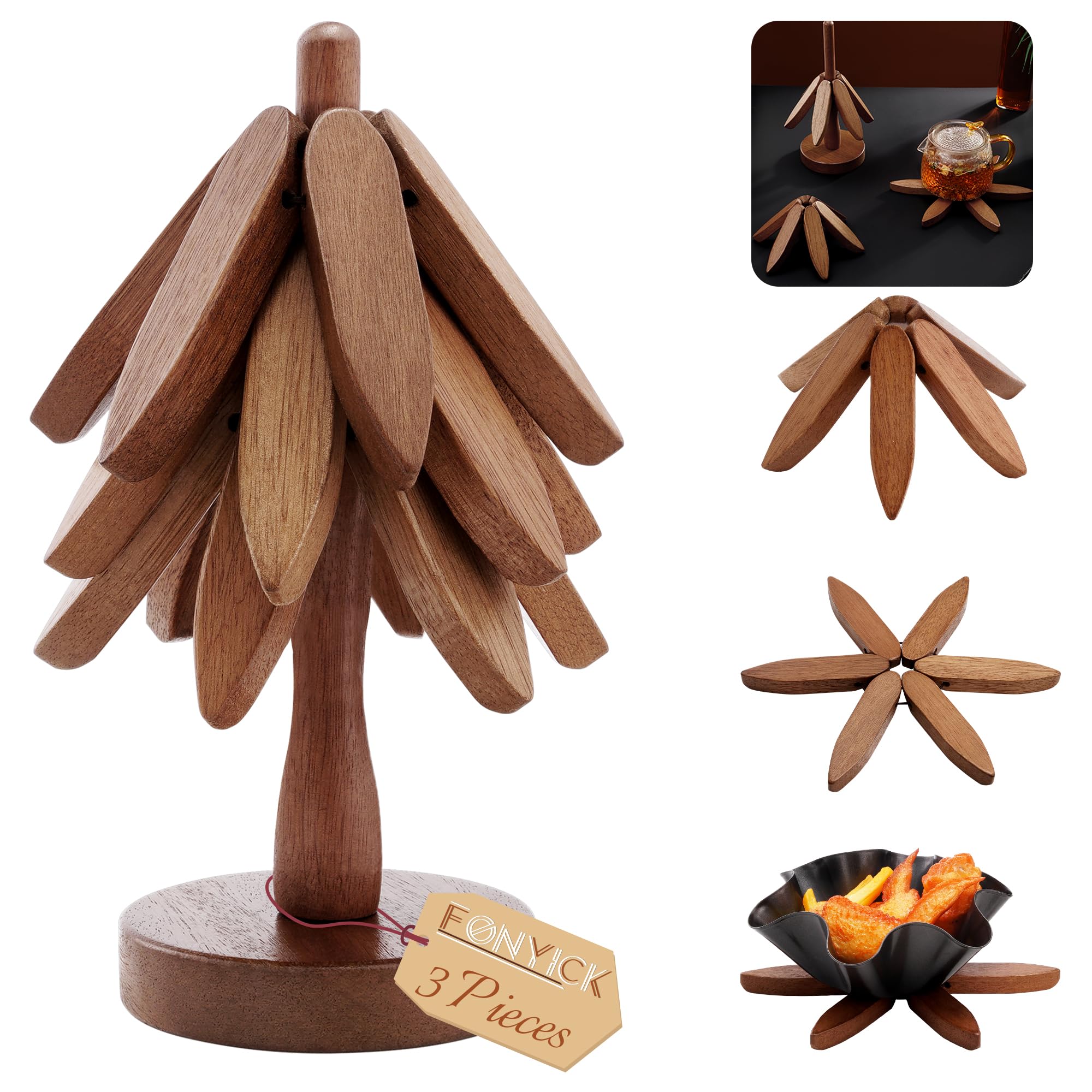 Wooden Tree Coasters with Holder, Wooden Trivets for Hot Dishes Decorative Christmas Tree Shape Includes 3 Pcs Hot Plate Mats, Tree Trivets for Hot Pots and Pans, Hot Pads for Countertop, Sapele