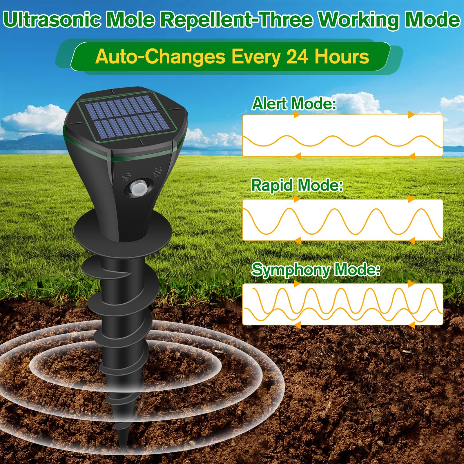 Ultrasonic Mole Repellent Outdoor, 2024 Upgrade Mole Repellent Solar-Powered for Lawn Garden Yard, Mole and Vole Repellent Waterproof, Effectively Repels Gophers Snake Chipmunks Groundhogs, 4P-Black