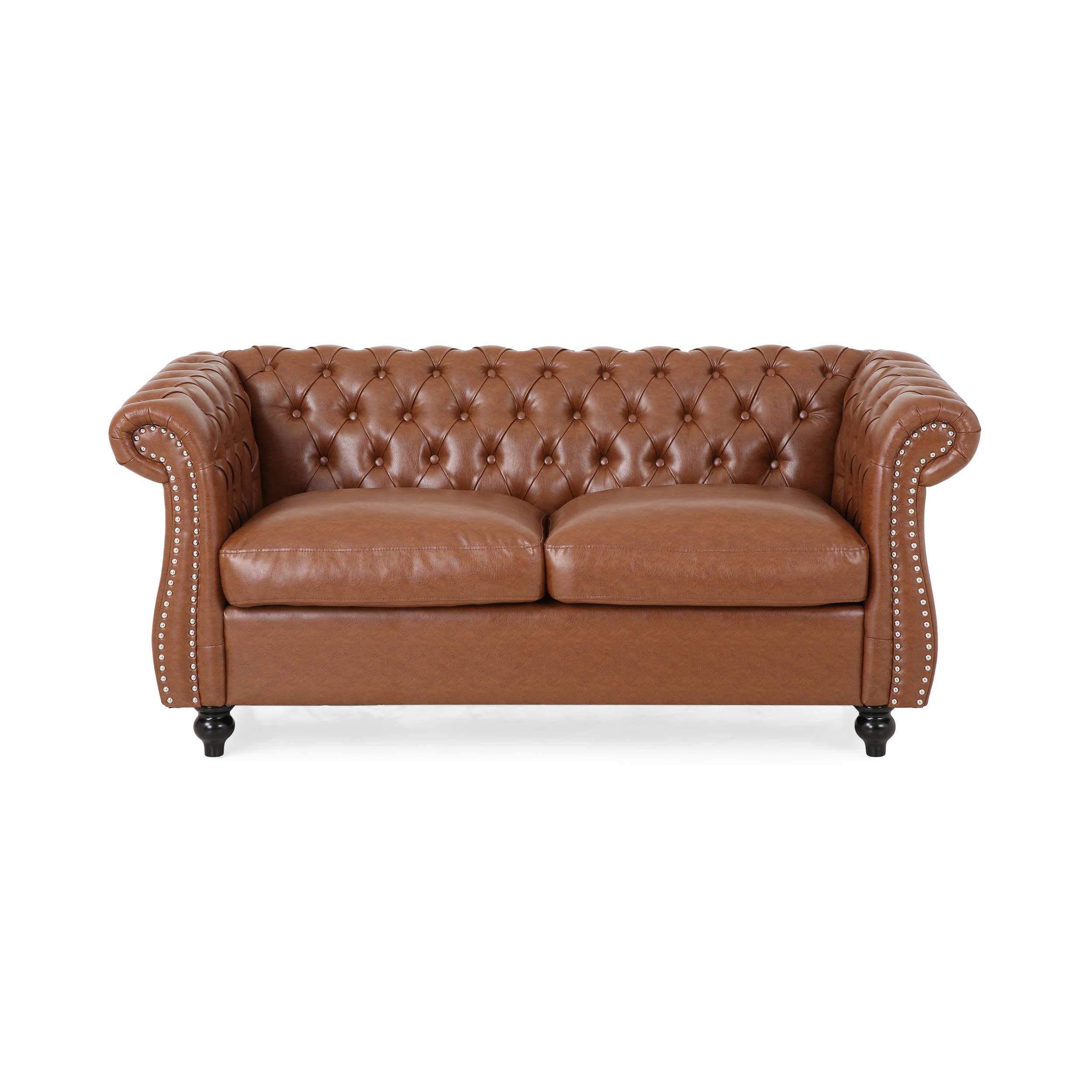 Merax 61" Retro PU Leather Chesterfield Loveseat with Button Tufted and Rolled Arm, Mid Century Small Couch Sofa Love Seat for Bedroom, Office, Living Room & Apartment, Easy Assembly Furniture, Brown