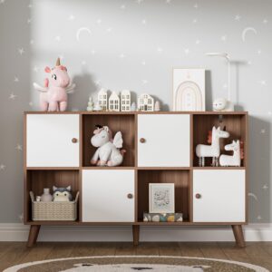 DIYART Brown and White 8 Cube Bookcase Organizer, 2-Tier Bookshelf with Doors, Wooden Cubby Display Bookcase, Storage Cabinet for Living Room, Bedroom, Home Office