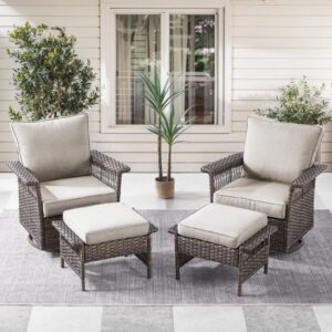 Artfurniz Outdoor Swivel Glider Chairs - 4 Pieces Hollow Widen Armrests Wicker Patio Furniture Set with Ottomans, High Back Outside Swivel Rocker for Balcony Porch Deck and Yard - Brown/Beige