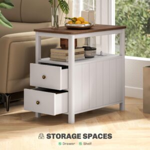 HOMCOM Modern End Table with Charging Station and USB Ports, Narrow Side Table with Drawers & Shelf for Living Room, White