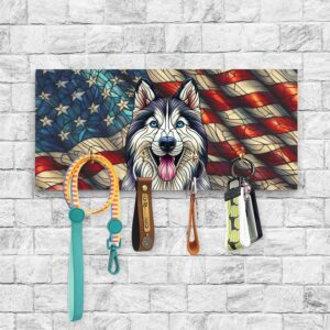 Ninety3POD Patriotic Siberian Husky Stained Glass Portrait American Flag Wood Key Holder Husky Dog Lover Gifts Wall-Mounted Key Rack Home Decor - 010