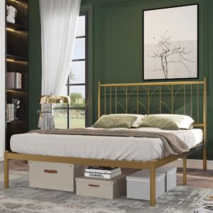 IDEALHOUSE Metal Bed Frame, Queen Platform Bed with Modern Style Headboard and Mattress Foundation with Spacious Underbed Storage, Spring Needed, Easy Assembly, Gold