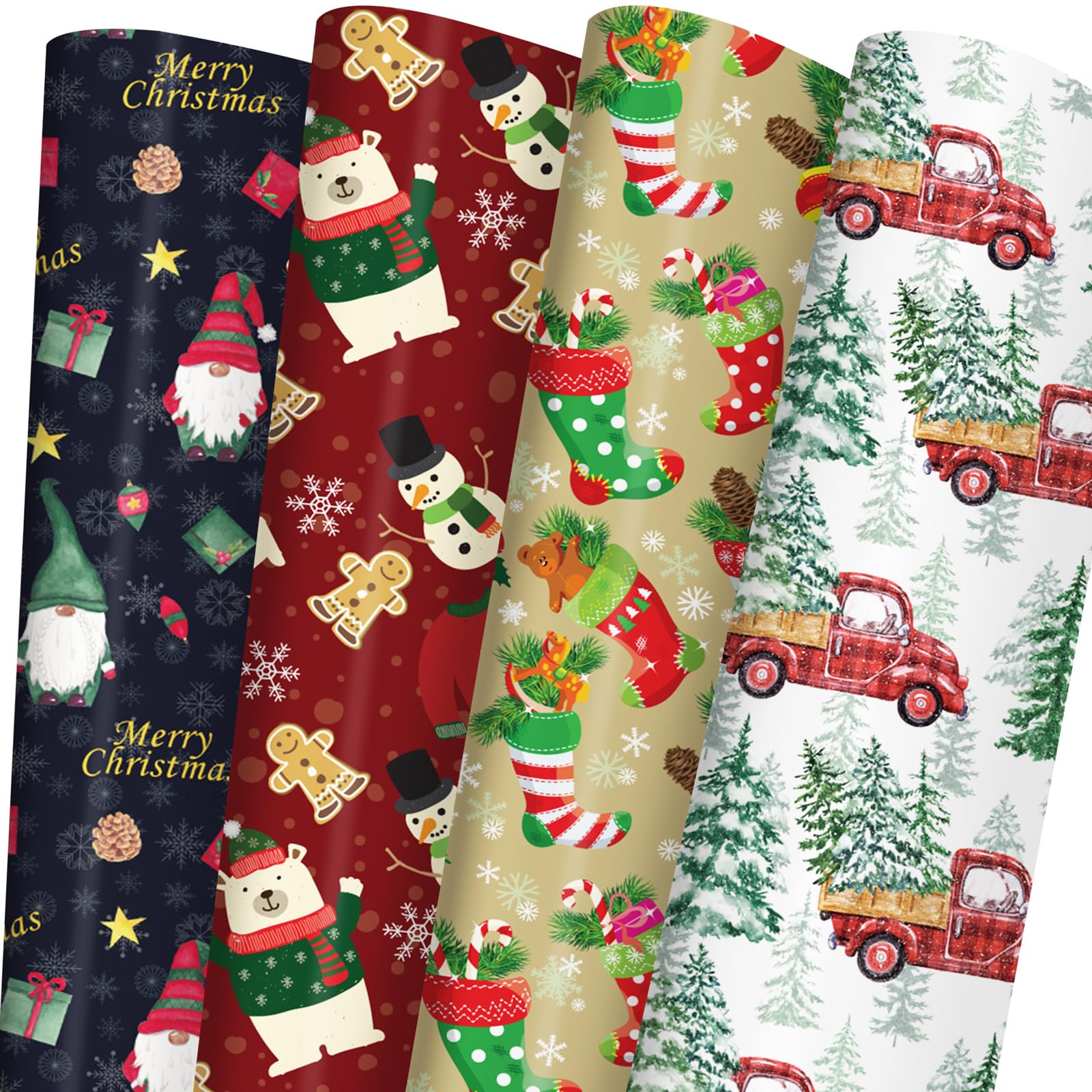 GIOLNIAY Christmas Wrapping Paper for Kids Boys Girls - Wrapping Paper Christmas Bundle with Santa, Green Stockings, Red Truck, Woodland Designs - 6 Jumbo Sheets (28 x 40 inches), Easy to Store