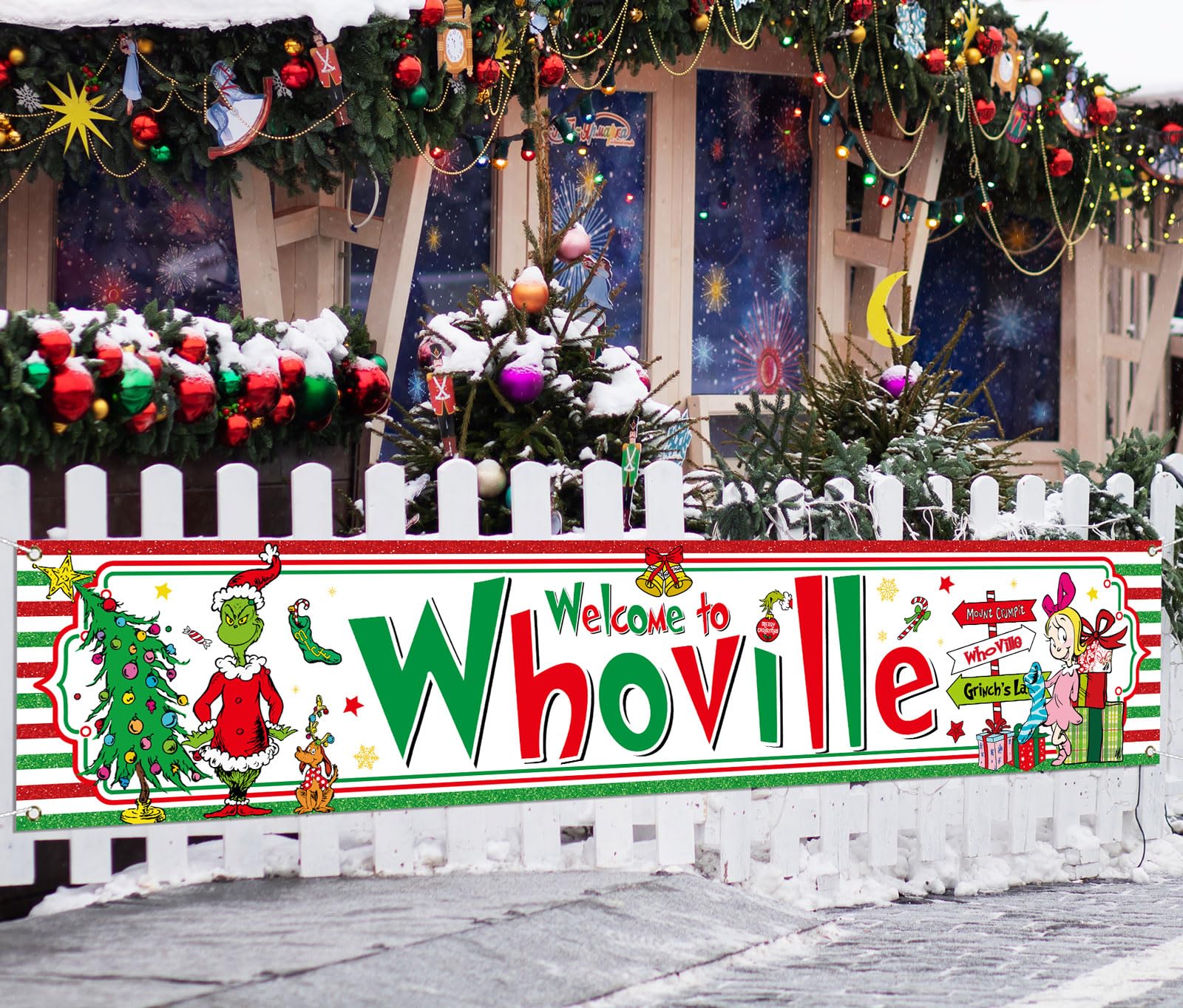 Vohado Welcome to Whoville Fence Banner Christmas Winter Holiday Party Decoration Xmas Decor Yard Outdoor Hanging Banner