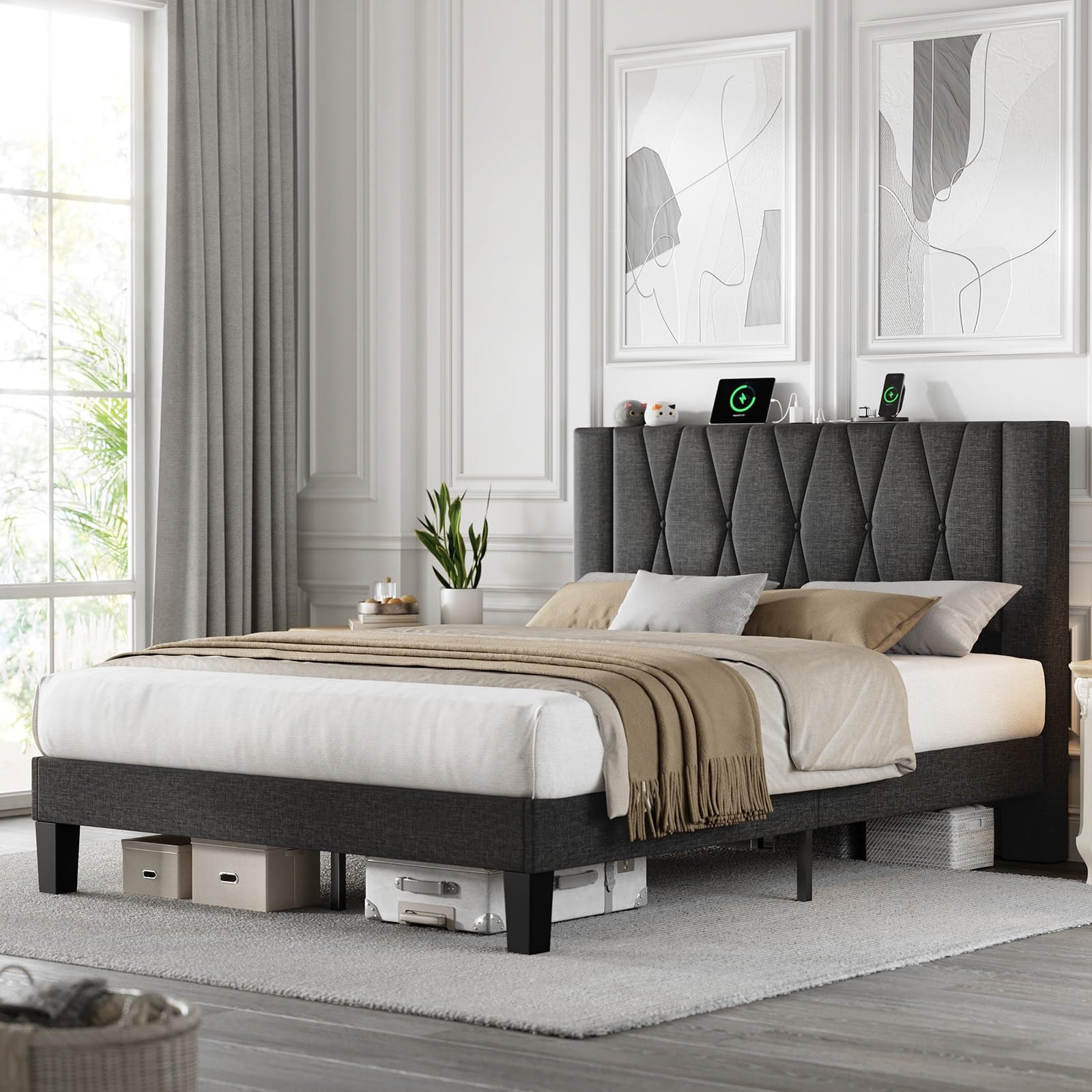 ONBRILL Queen Bed Frame with Headboard, Heavy-Duty Linen Upholstered Platform Bed Frame w/Charging and Storage, Button Tufted, Wooden Slats Support, No Box Spring Needed, Easy Assembly, Dark Grey