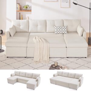 huatean home sleeper sofa couch, 110 inch oversize 2 in 1 pullout sofa bed with double storage chaise, sectional sleeper sofa bed with side pocket for living room, beige