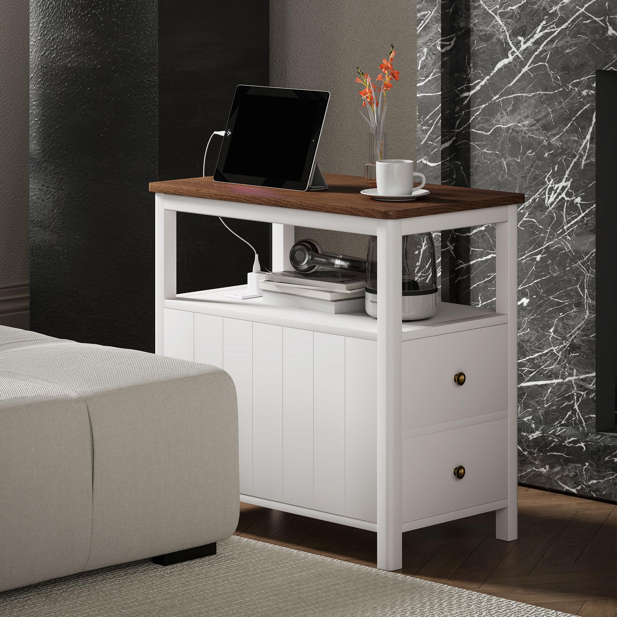 HOMCOM Modern End Table with Charging Station and USB Ports, Narrow Side Table with Drawers & Shelf for Living Room, White