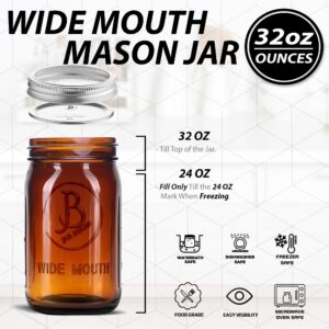 Amber Wide Mouth Mason Jars 32 oz - (2 Pack) - Amber Glass Quart Mason Jars With Airtight Lids and Bands. For Storage, Canning, Fermenting, Meal Prep, Cold Brew Coffee, Microwave & Dishwasher Safe