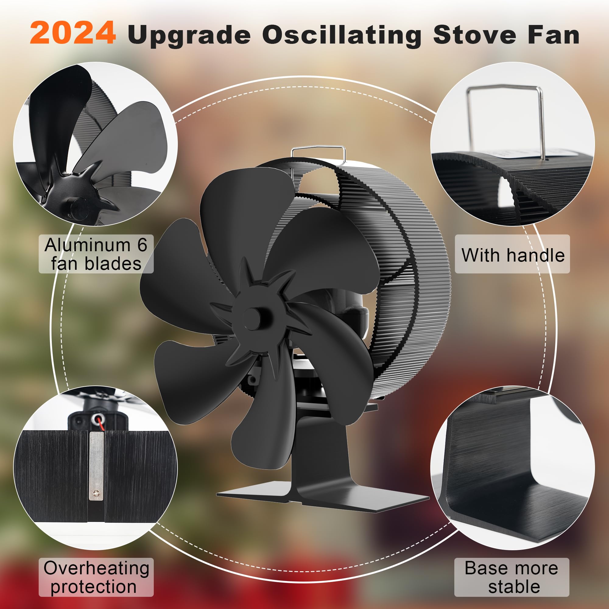 Easywave Oscillating Wood Stove Fan: Fireplace Fan with Wood Stove Magnetic Thermometer - 6 Blades Heat Powered Stove Fan for Wood/Log Burner/Fireplaces