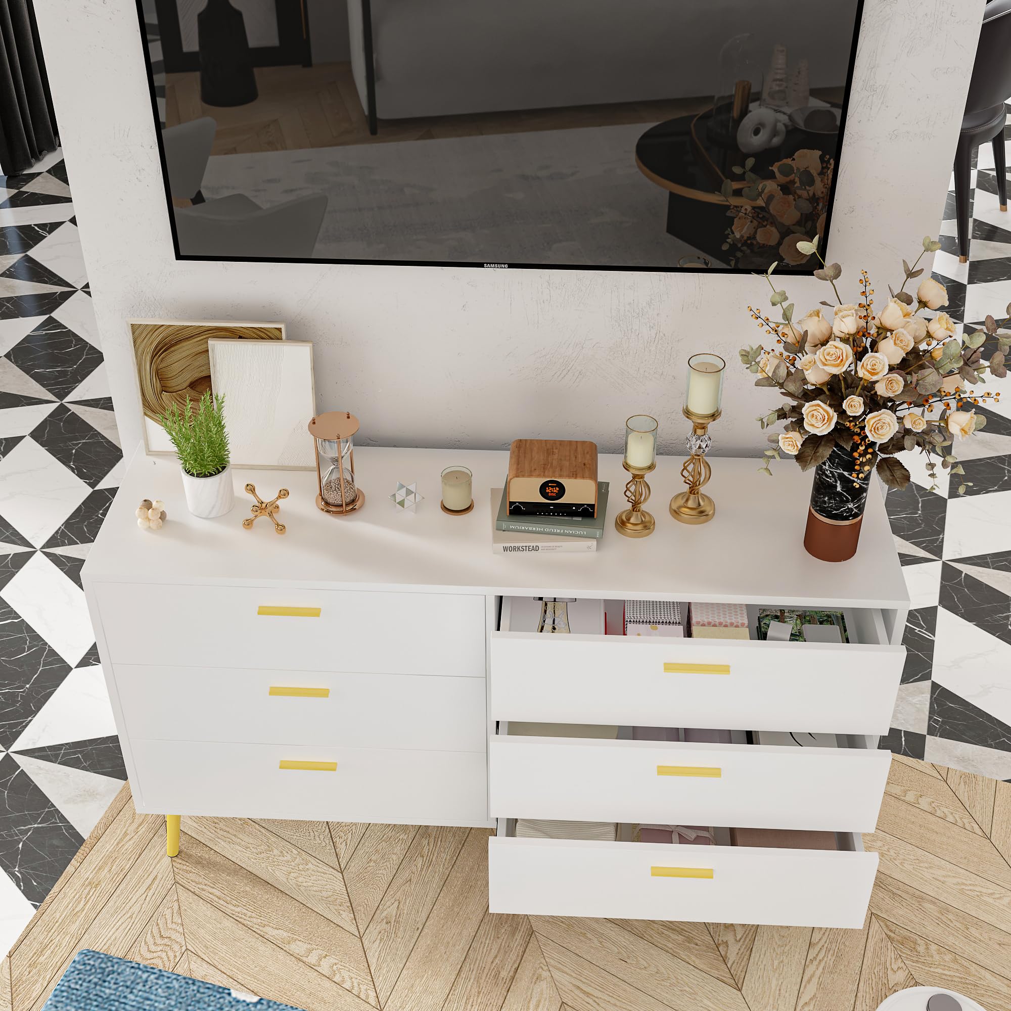 Homsee 6 Drawer Double Dresser Storage Chest of Drawers, 54”L Wood Dresser Chest with Gold Metal Legs for Bedroom, Living Room & Hallway, White (54”L x 15.6”W x 30.1”H)