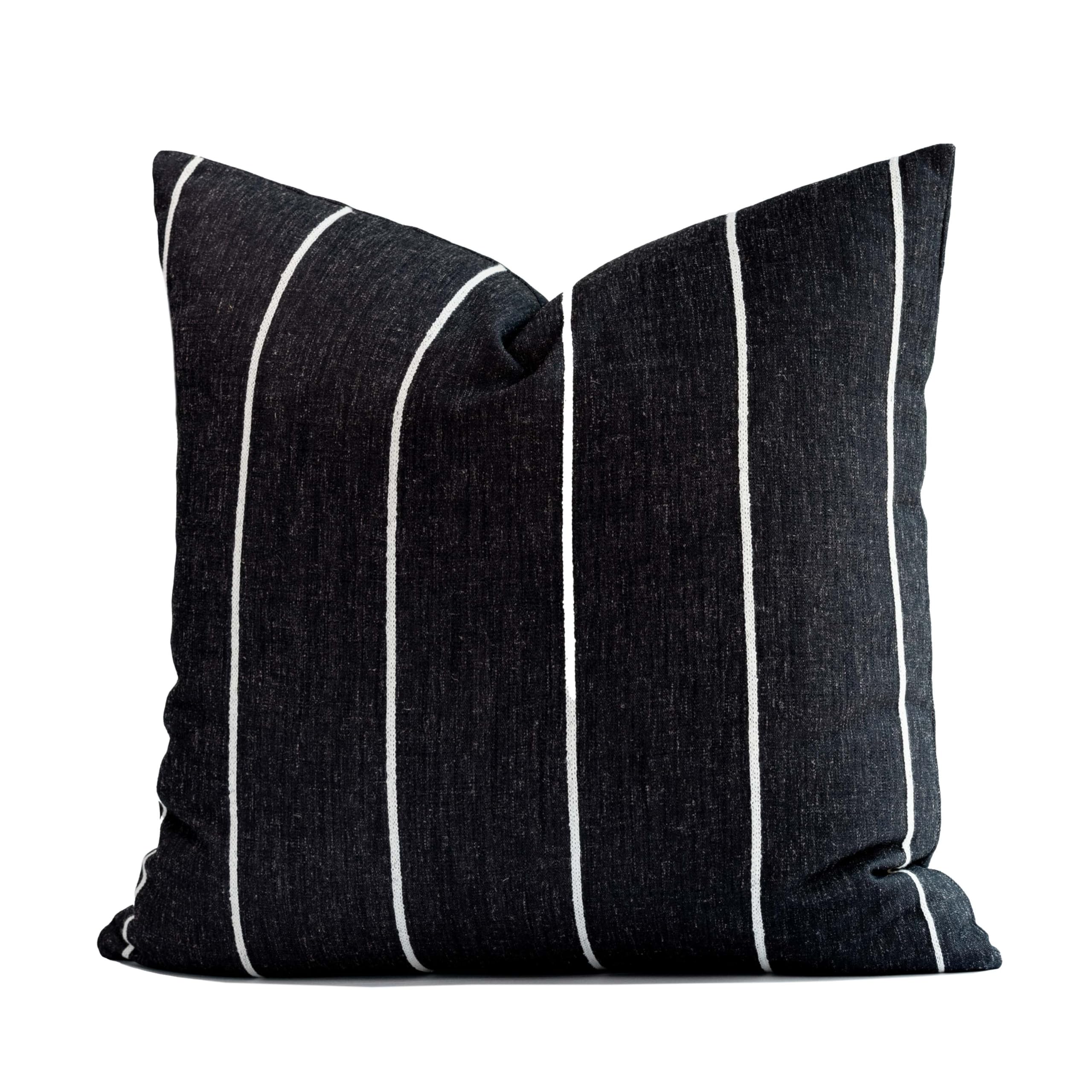 Crumbs Home Modern Farmhouse Fall Linen Indoor Outdoor Throw Pillow Cover Only, 22"x22" Water Repellent for Patio, Backyard, Couch, Black Neutral Vertical Stripes