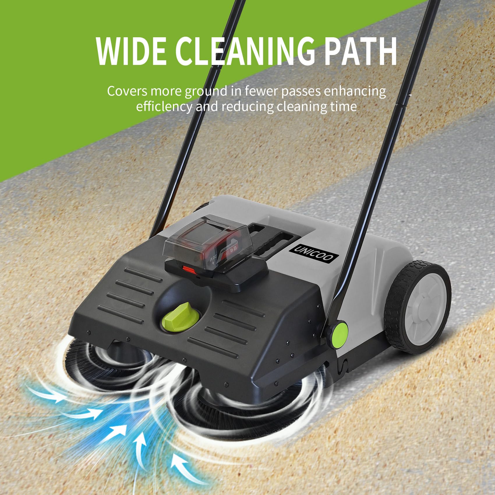 UNICOO Electric Hand Push Sweeper - Battery Powered Floor Sweeper, Walk Behind Floor Sweeper, Efficient Push Sweeper for Indoor and Outdoor Cleaning. 23" Sweeping Width, 6.6 Gallon Waste Container