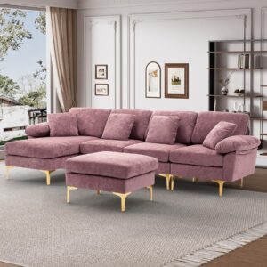 wrofly u-shaped sectional sofa couch, 114" comfy convertible 4 seat sofa with chaise lounge & ottoman, modern oversized deep seat sleeper sofa set for living room apartment, purple velvet